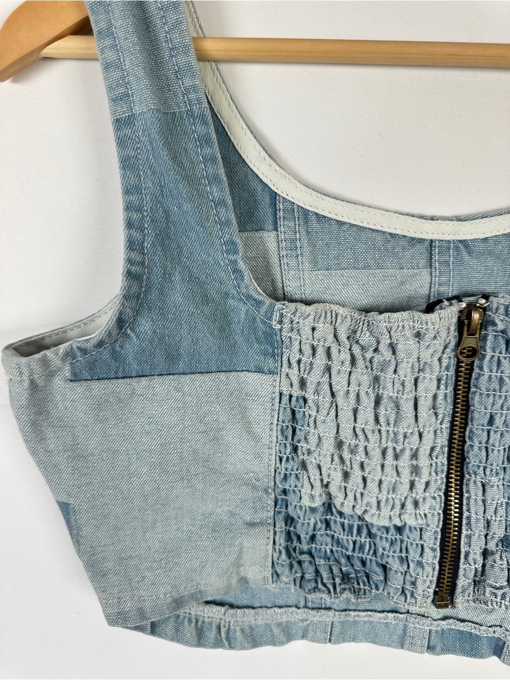 Nuon Patchwork Denim Crop Top Light Wash Cotton Size M Y2K Festival Corset Style - Picture 5 of 8